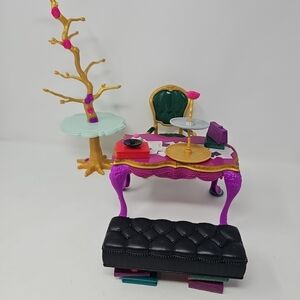 Vibrant Pink & Gold Ornate Doll Desk Set with Black Bench